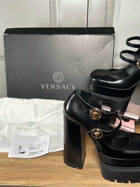 Versace Black Leather Platform Mary Jane Pumps with Gold Medusa Buttons Aevitas